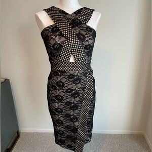 (S) NWT BEBE Elegant Black and Nude Lace Peakaboo Halter Dress